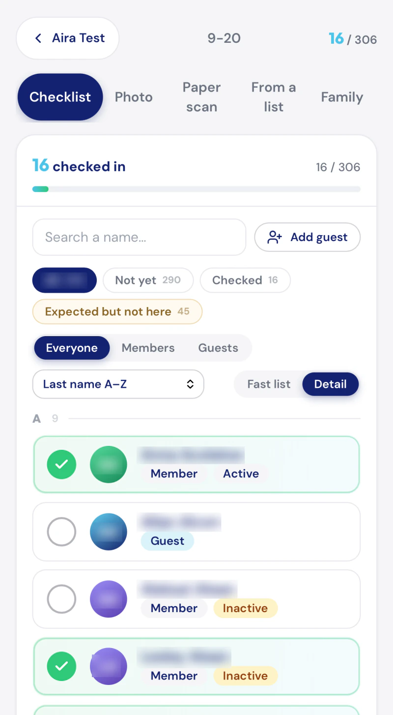 Rollcall open on a phone, on the checklist: the roster from the community's sheet, with a green tick beside each person who has been checked in.