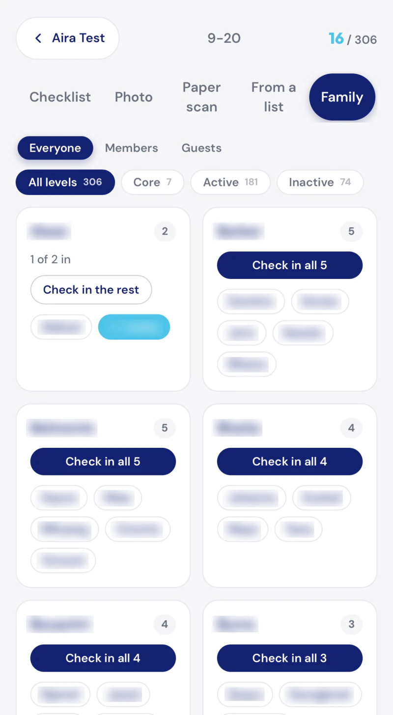 The family screen on a phone: each household on its own card, with one button that checks in everybody in it.