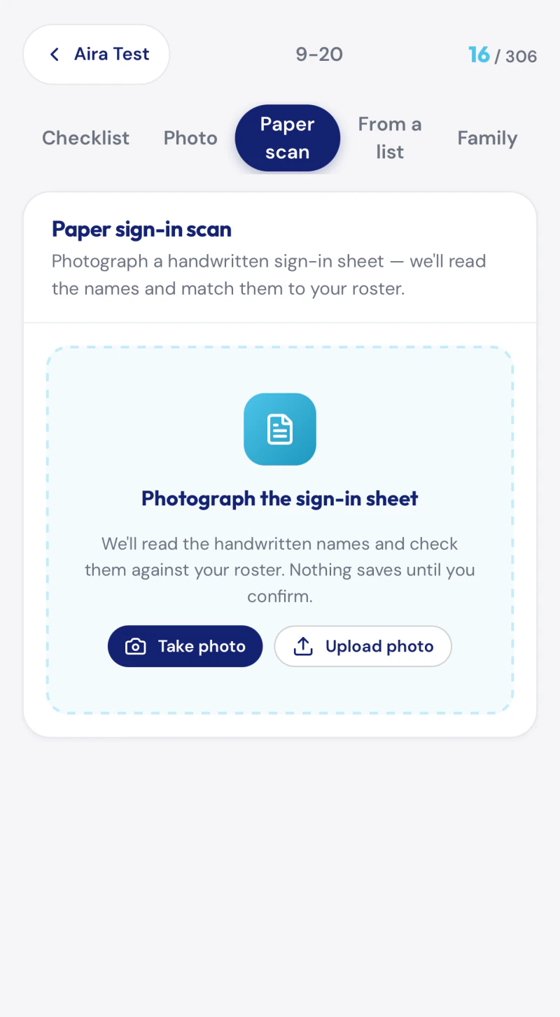 The paper scan screen on a phone, offering to photograph a handwritten sign-in sheet and read the names off it.