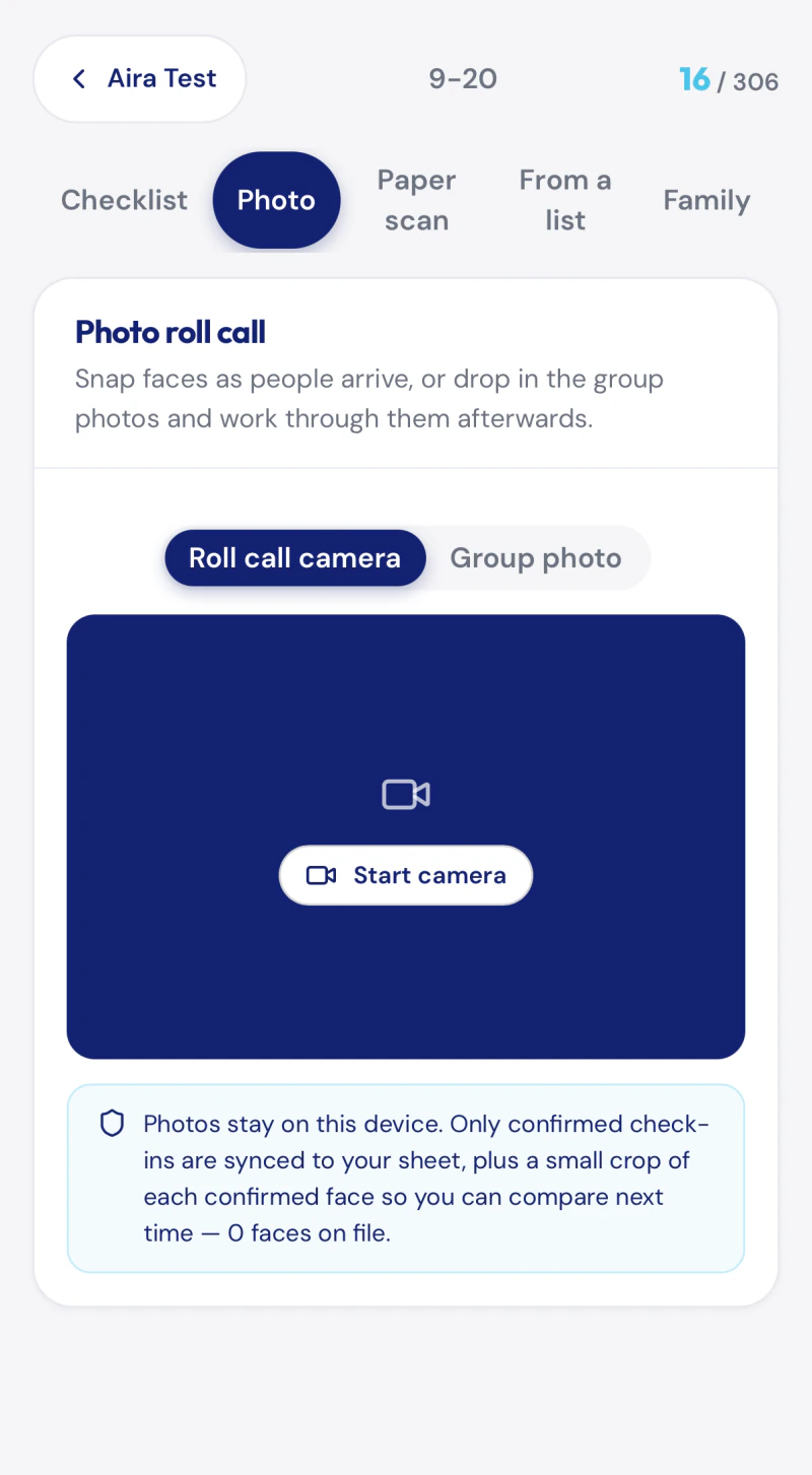 The photo roll call screen on a phone, with the camera ready and a note saying the photographs stay on the device.