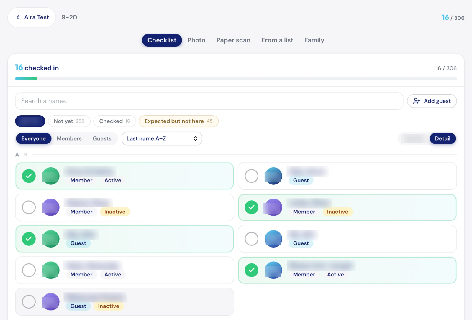 Rollcall open in a browser at the community's link: the roster laid out in two columns, a tick beside each person who has been checked in, and the count of who is in along the top.